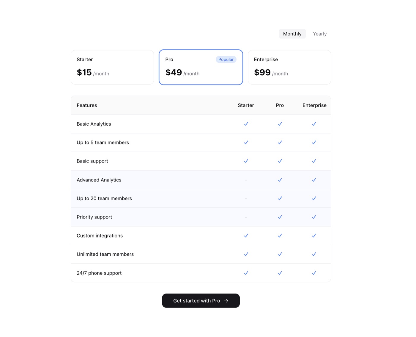 Pricing Table preview